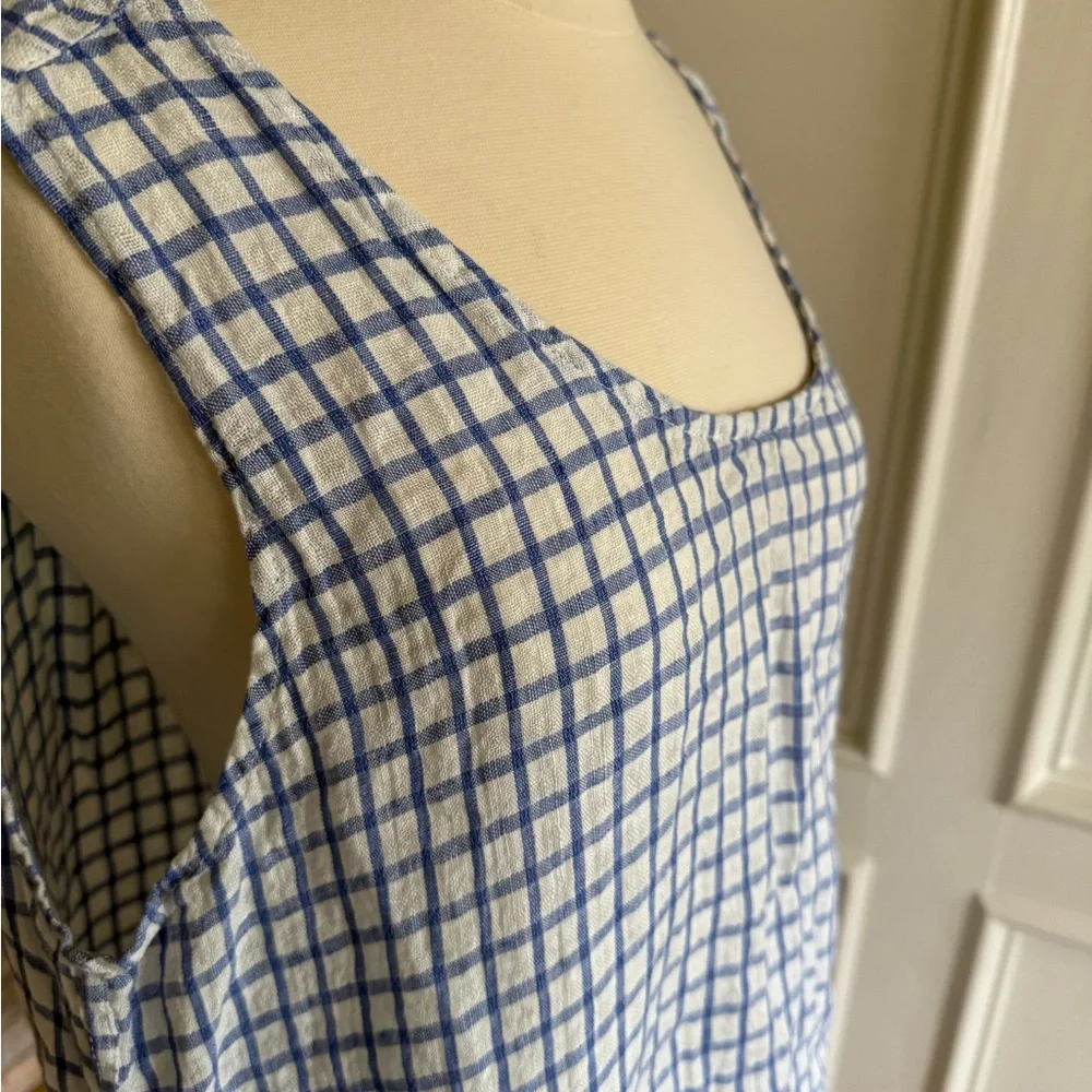 FLAX Blue and White Checkered Sleeveless Linen Dress with pockets - Picture 3 of 6
